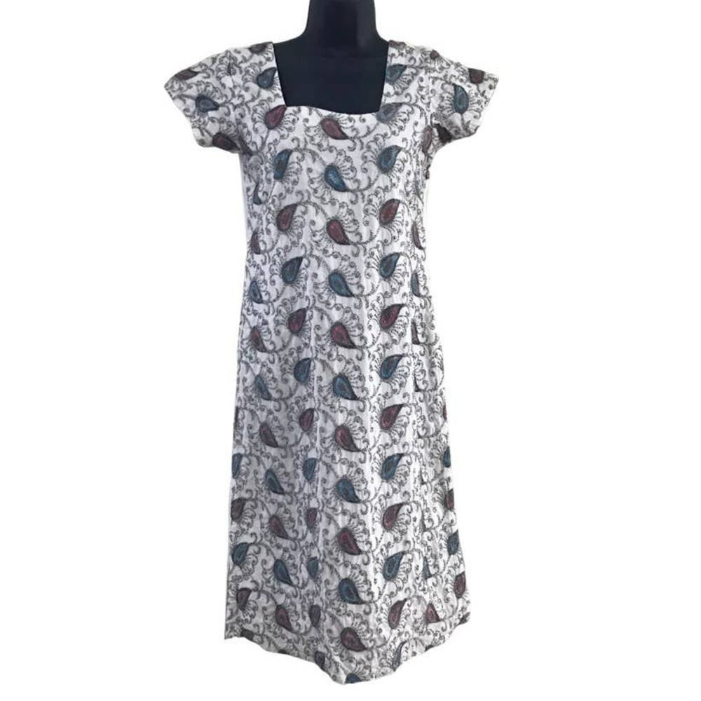 Embroidered Peacock Feather Dress, Paisley Print White Casual Summer Dress Small